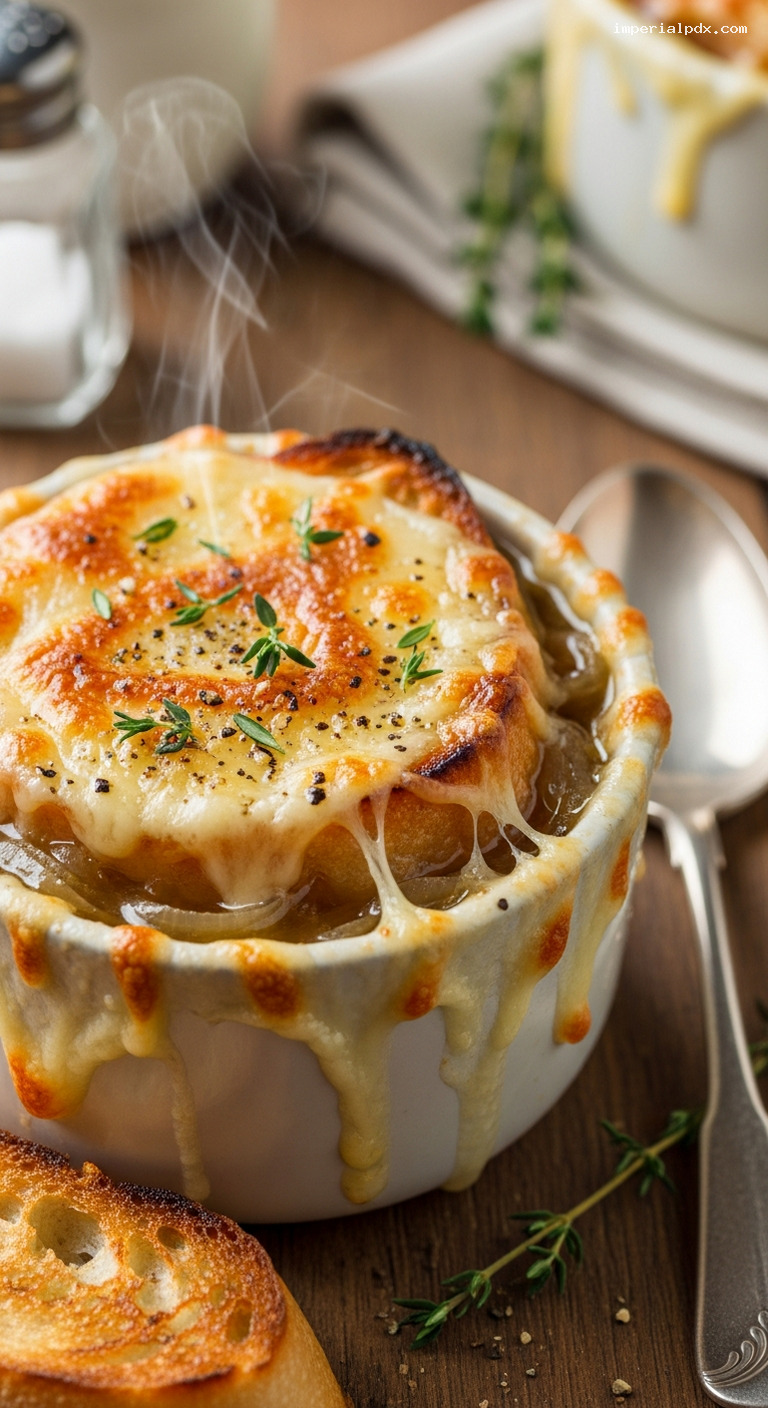 Classic French Onion Soup with Gruyère Toast – Closeup