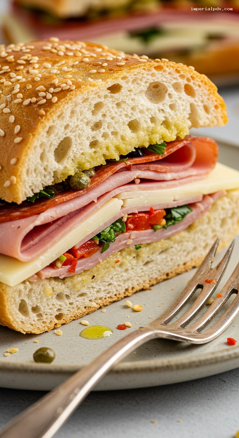 Classic Muffuletta Sandwich with Olive Salad – Closeup