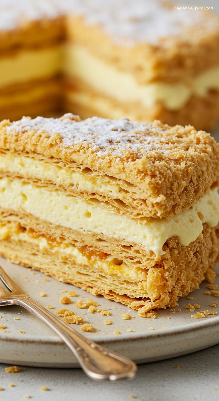 Classic Napoleon Cake with Vanilla Custard Cream – Closeup