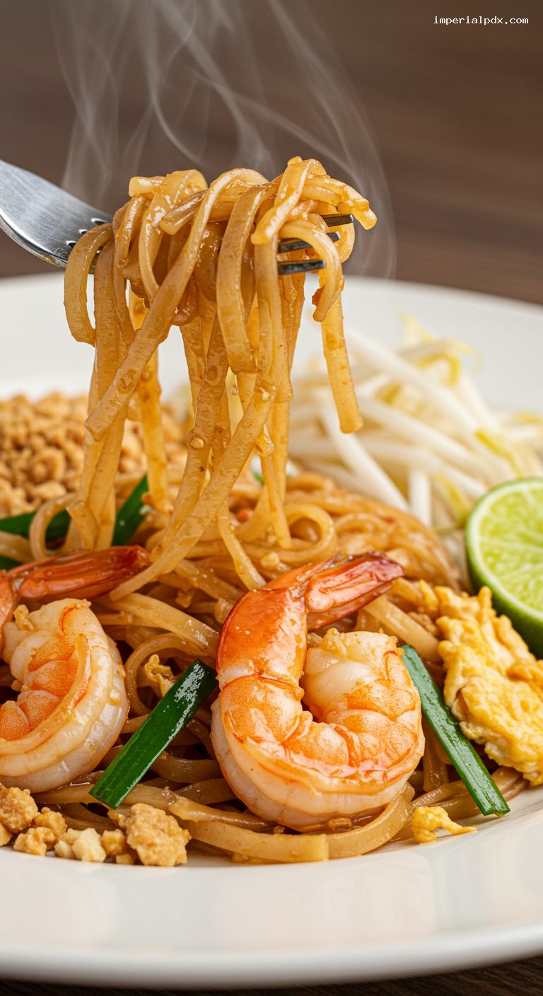 Classic Pad Thai with Shrimp or Chicken – Closeup