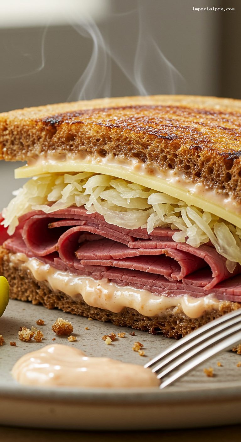Classic Reuben Sandwich with Swiss and Sauerkraut – Closeup