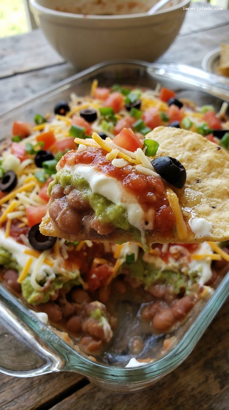 Classic Seven-Layer Dip with Guacamole and Refried Beans – Closeup