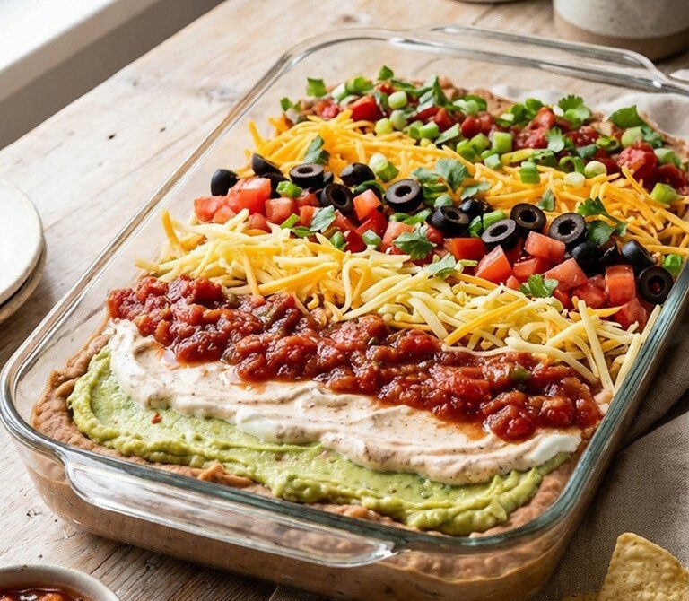 Classic Seven-Layer Dip with Guacamole and Refried Beans
