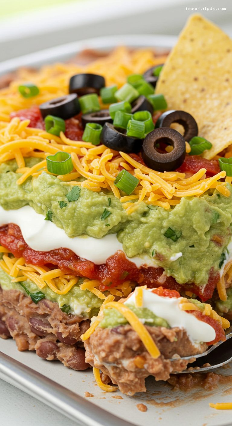 Classic Seven-Layer Dip with Thick Tortilla Chips – Closeup