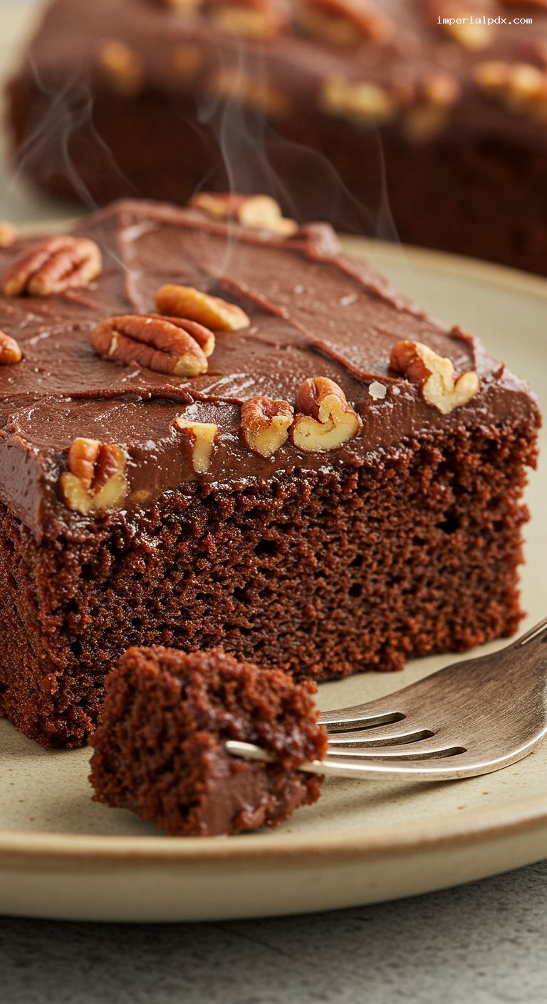 Classic Texas Sheet Cake with Pecan Fudge Icing – Closeup