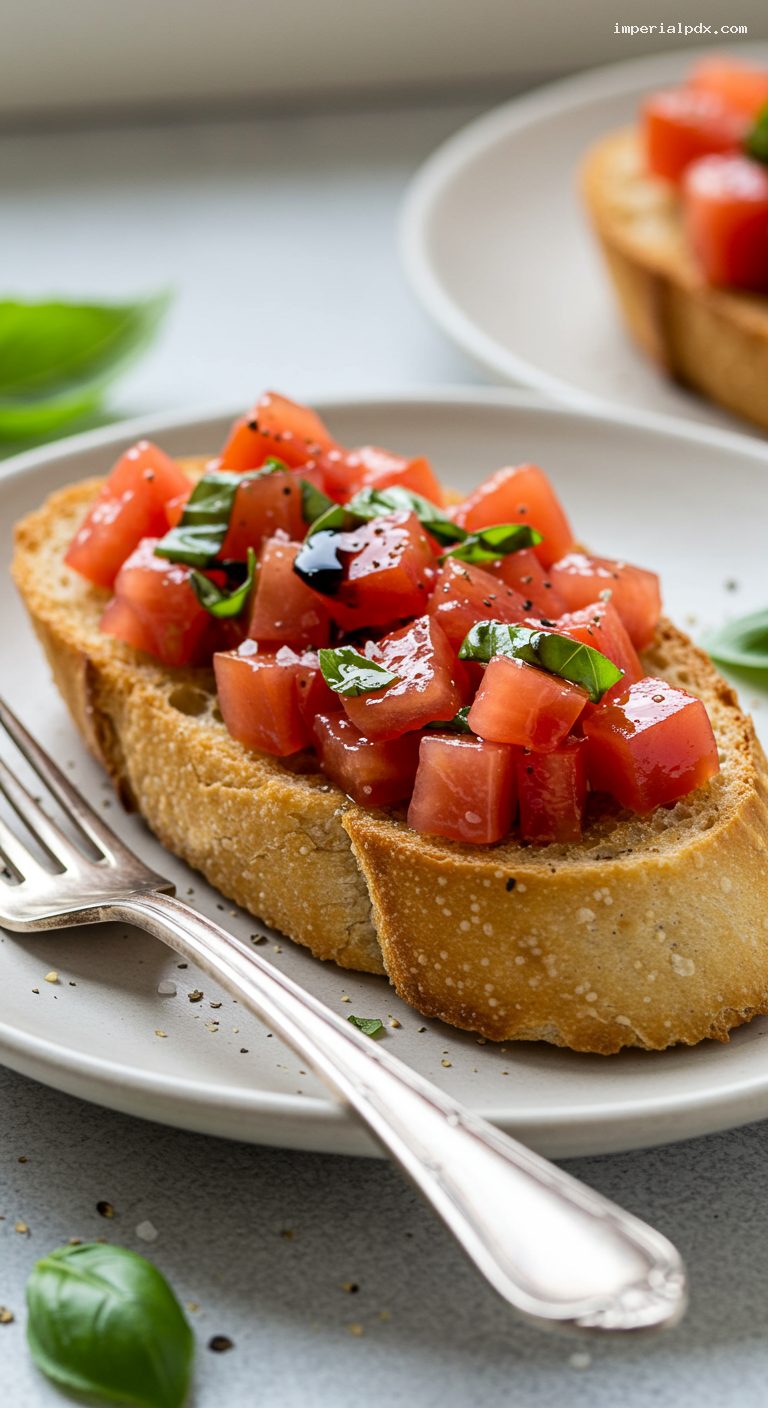 Classic Tomato Basil Bruschetta with Balsamic Drizzle – Closeup
