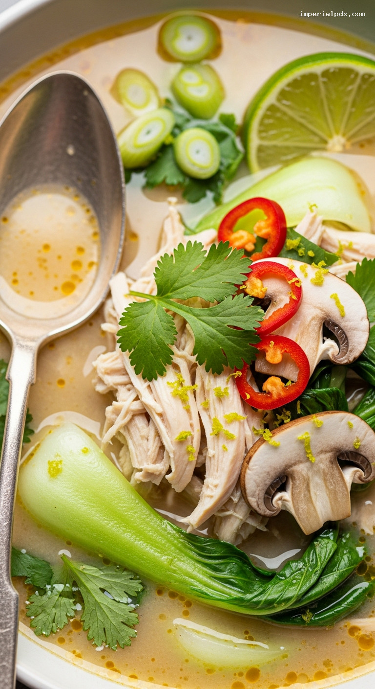 Coconut-Lime Chicken Soup with Ginger and Cilantro – Closeup