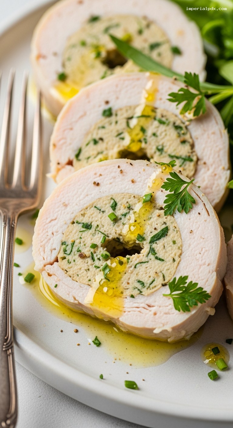 Cold-Poached Herb Chicken Roulade Medallions – Closeup