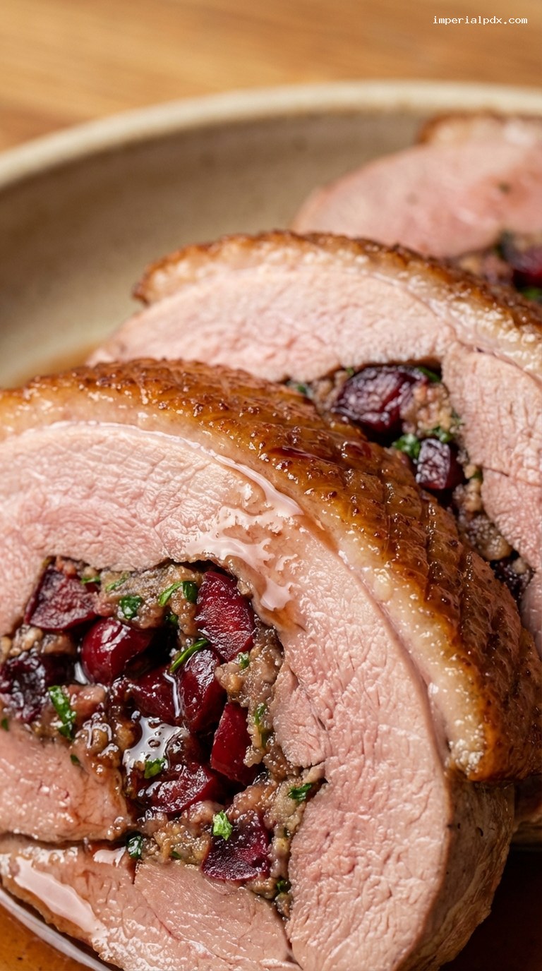 Cold-Roasted Duck Roulade with Cherries and Herbs – Closeup
