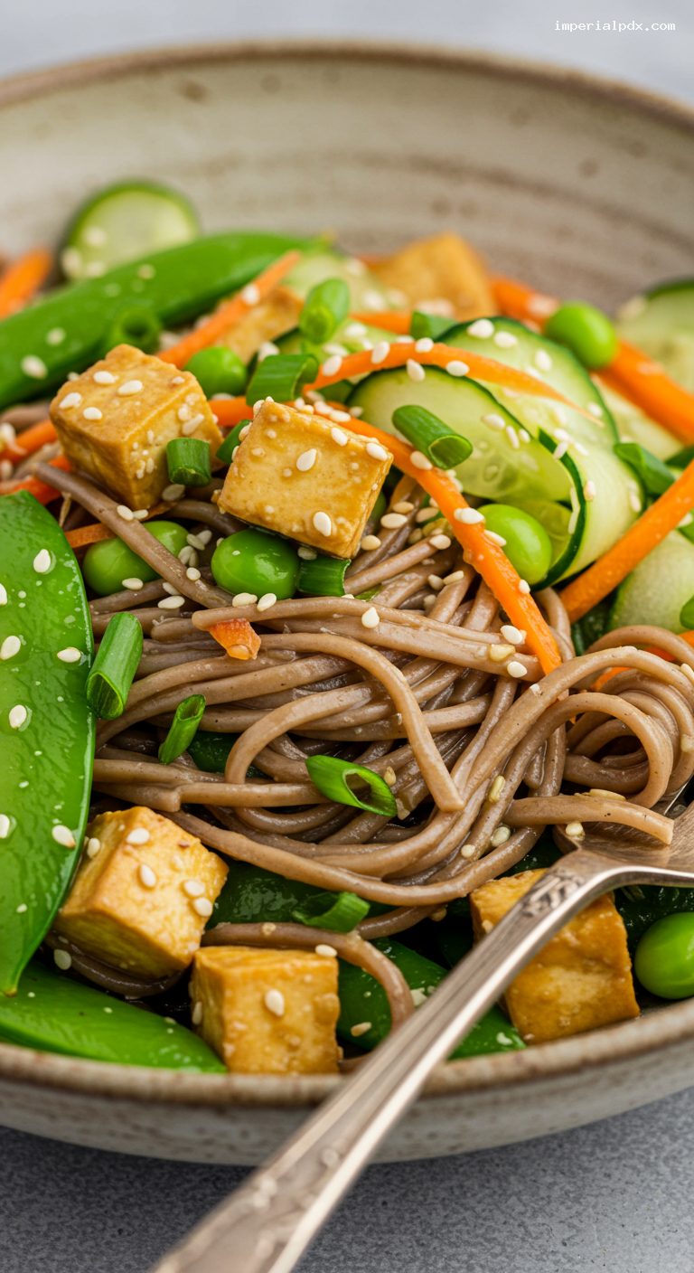 Cold Sesame Soba Salad with Snap Peas and Tofu – Closeup