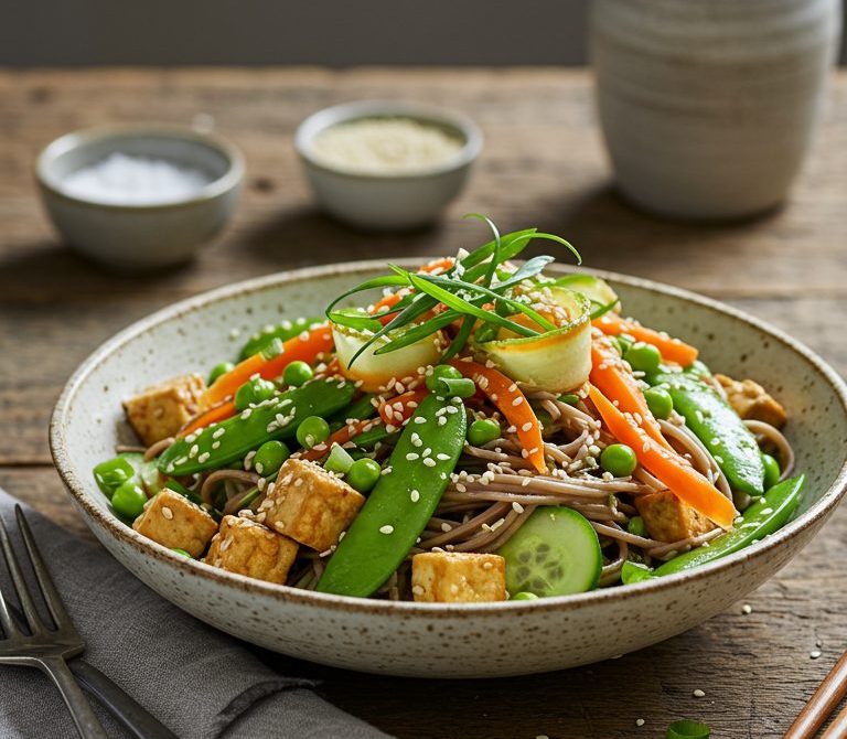 Cold Sesame Soba Salad with Snap Peas and Tofu