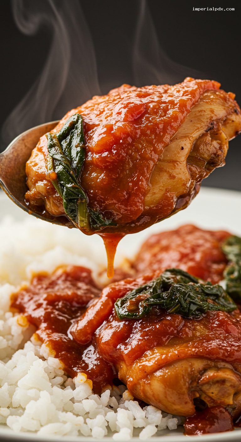 Congolese Moambe Chicken with Tomatoes and Greens – Closeup