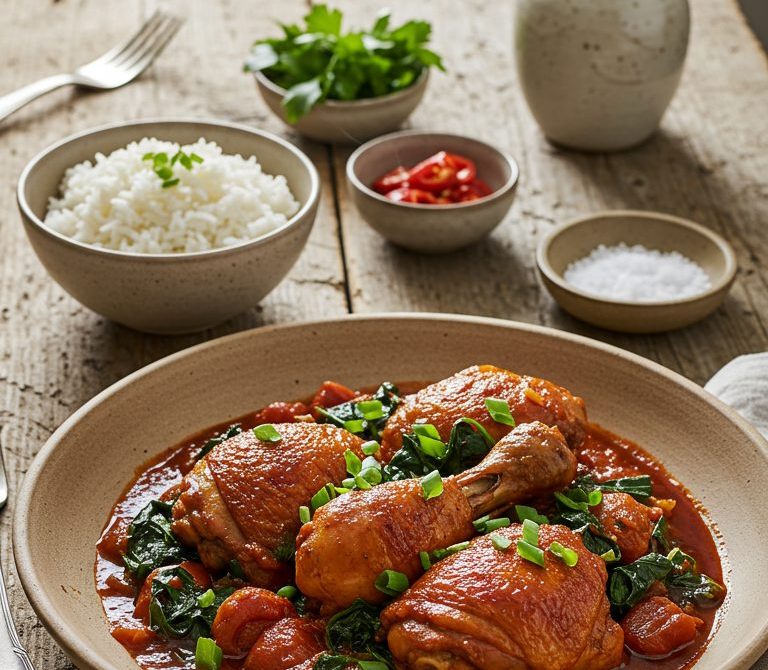 Congolese Moambe Chicken with Tomatoes and Greens