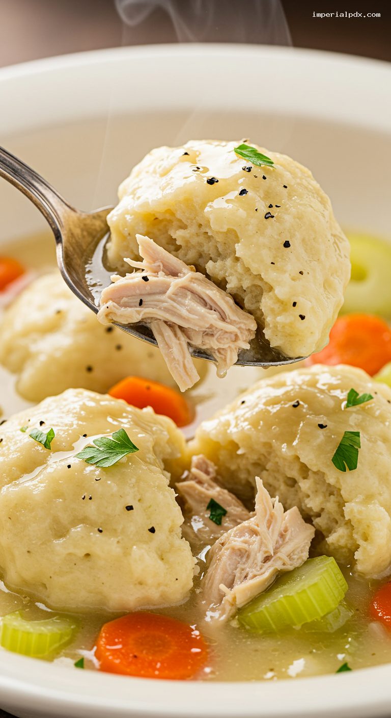 Country Chicken and Dumplings with Black Pepper Stock – Closeup