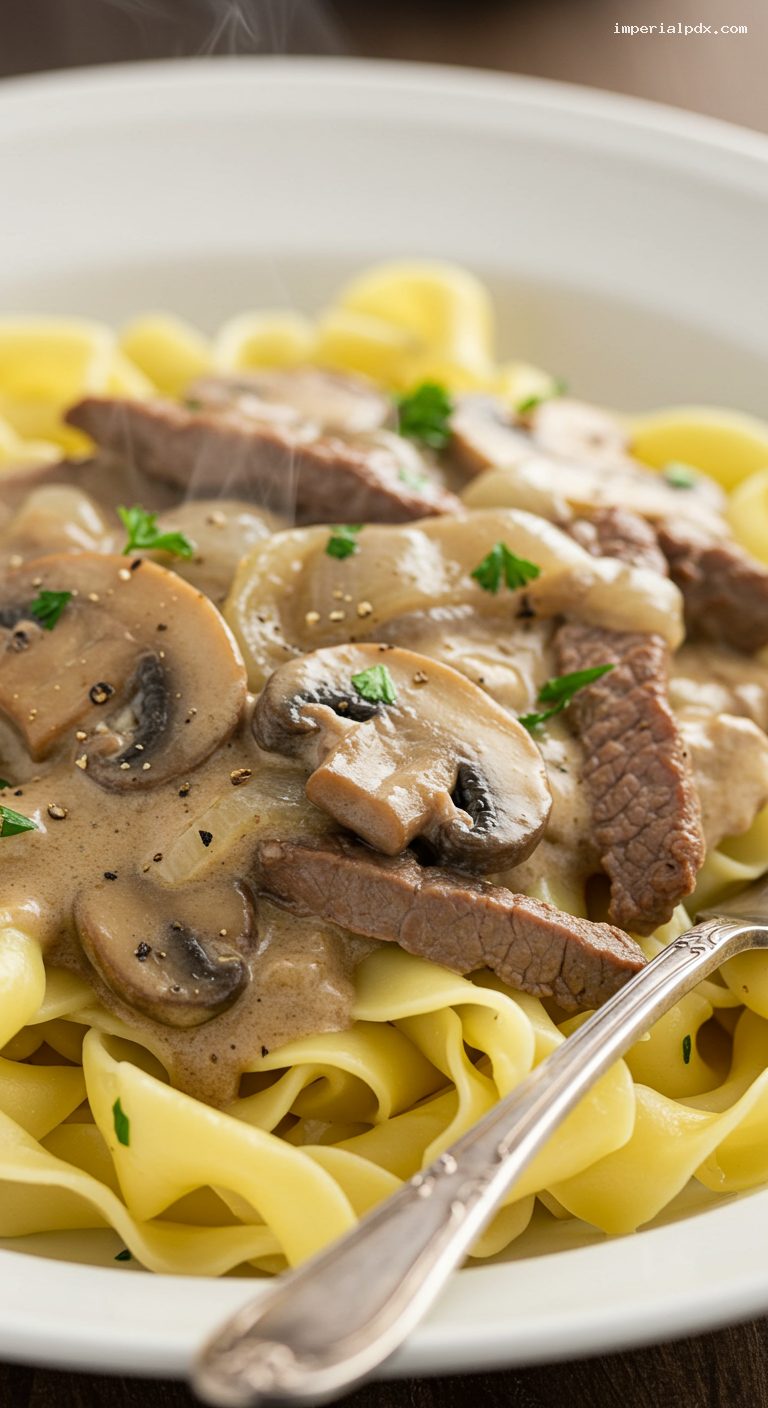Cozy Beef Stroganoff with Mushrooms and Cream – Closeup