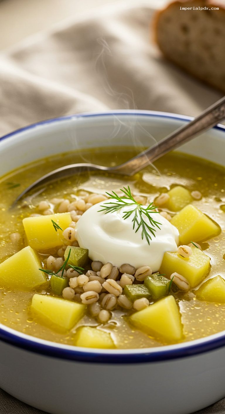 Cozy Rassolnik Soup with Pickles, Barley, and Dill – Closeup