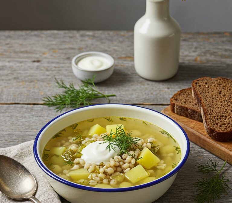 Cozy Rassolnik Soup with Pickles, Barley, and Dill