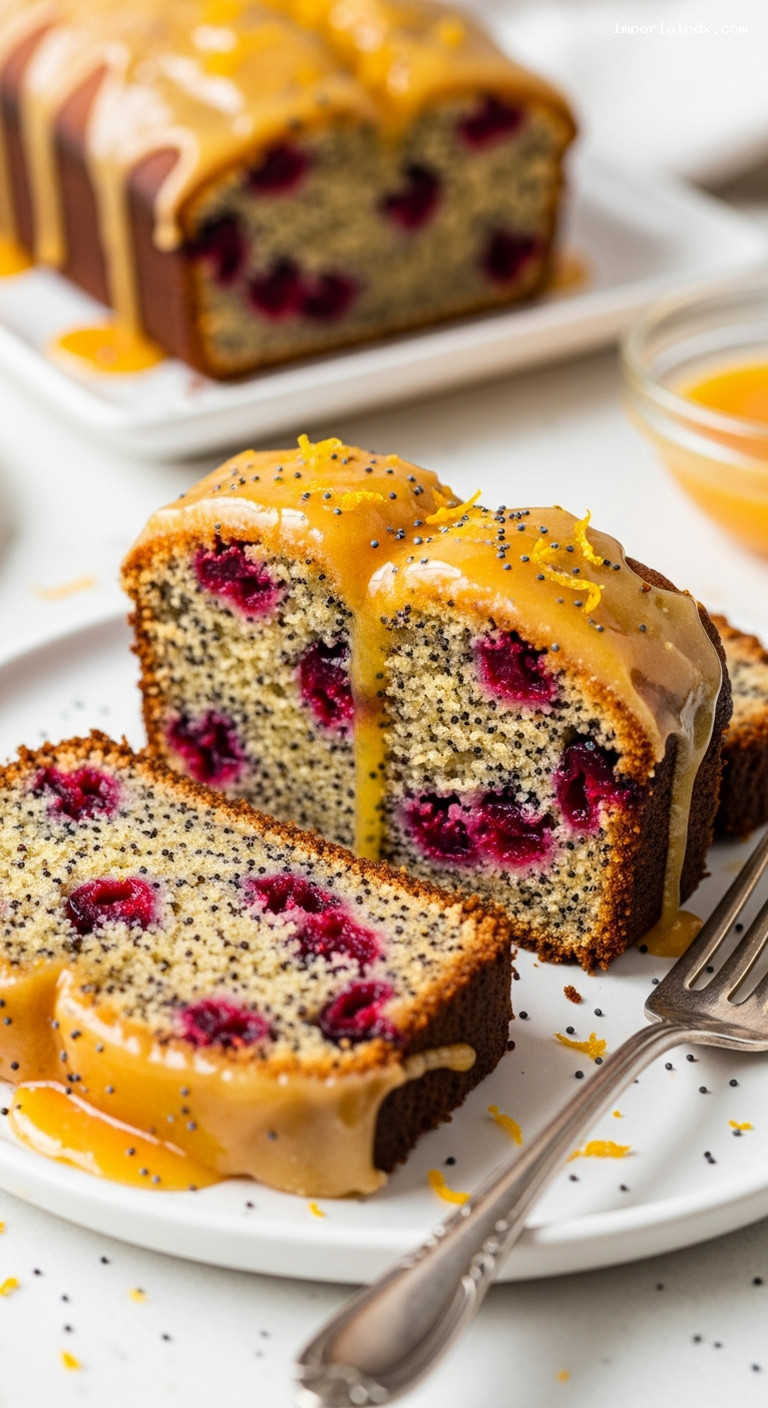 Cranberry Orange Poppy Seed Loaf with Citrus Glaze – Closeup