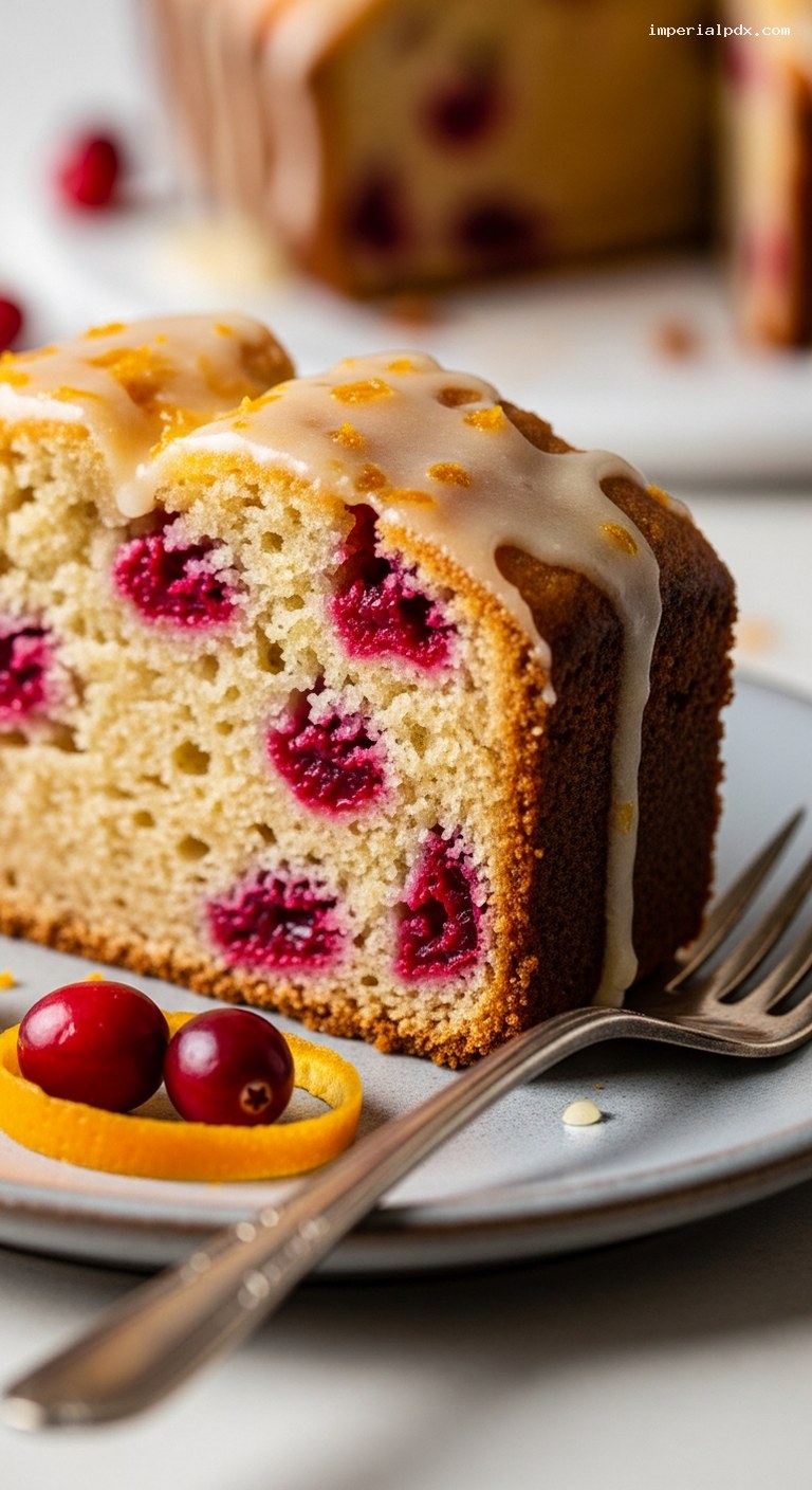 Cranberry Orange Quick Bread with Citrus Glaze – Closeup