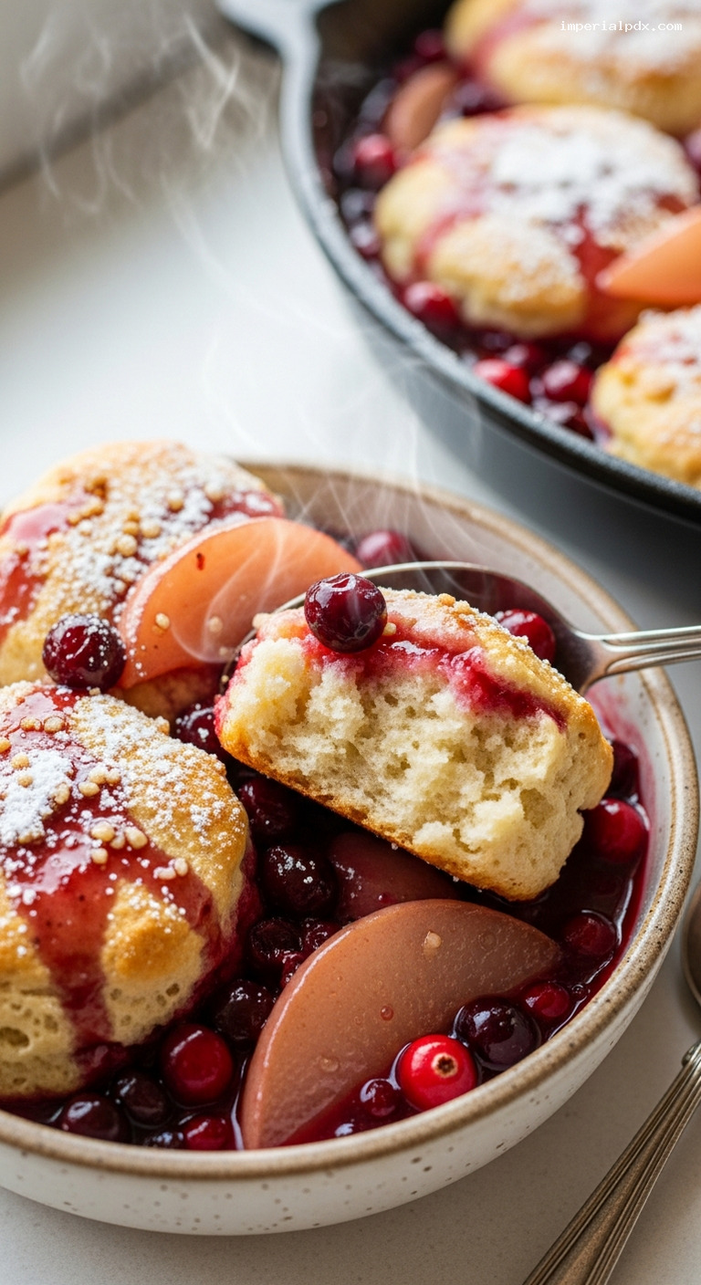 Cranberry Pear Cobbler with Golden Biscuit Topping – Closeup
