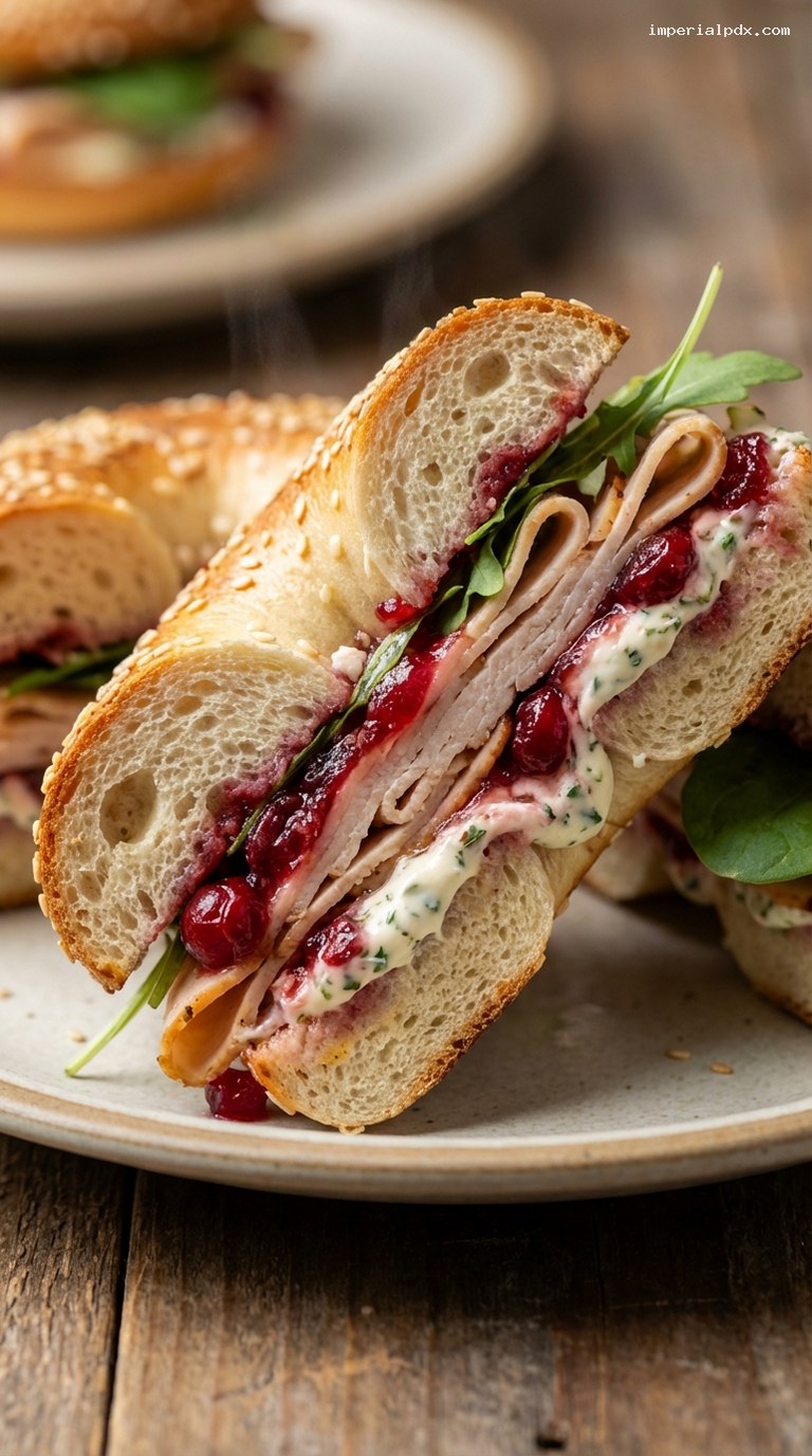 Cranberry Turkey Holiday Bagel with Herb Mayo – Closeup