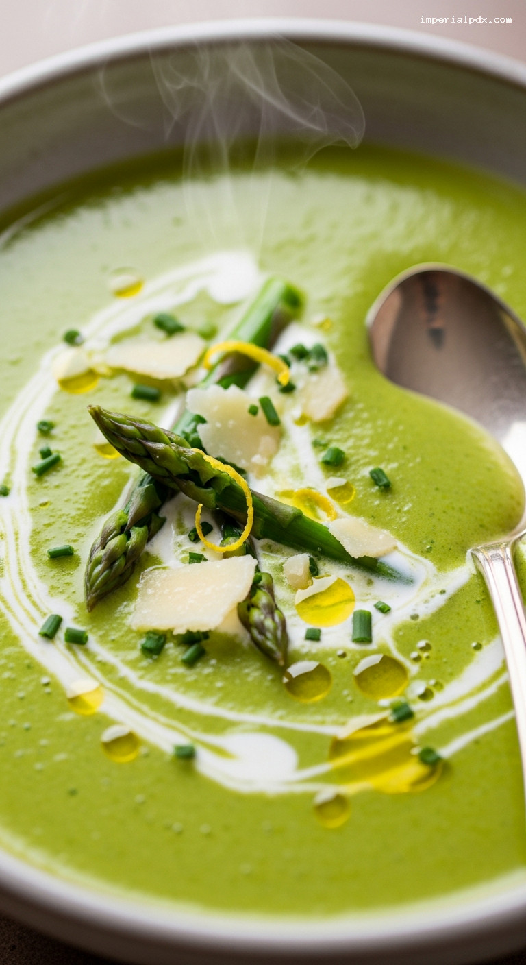 Creamy Asparagus Leek Soup with Lemon and Parmesan – Closeup