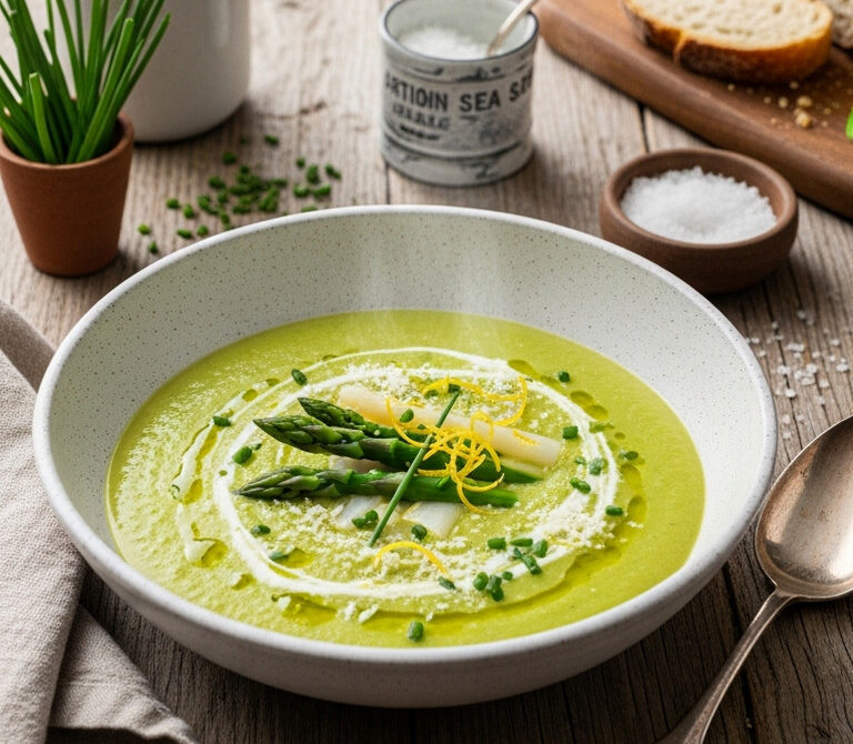 Creamy Asparagus Leek Soup with Lemon and Parmesan