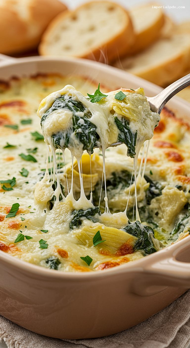 Creamy Baked Spinach Artichoke Dip – Closeup