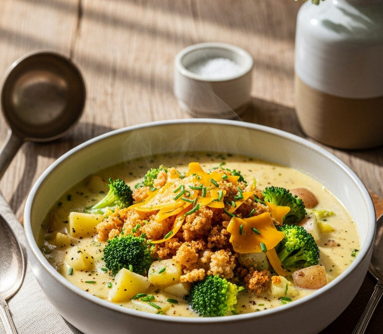 Creamy Broccoli Cheddar Chowder with Crispy Breadcrumbs