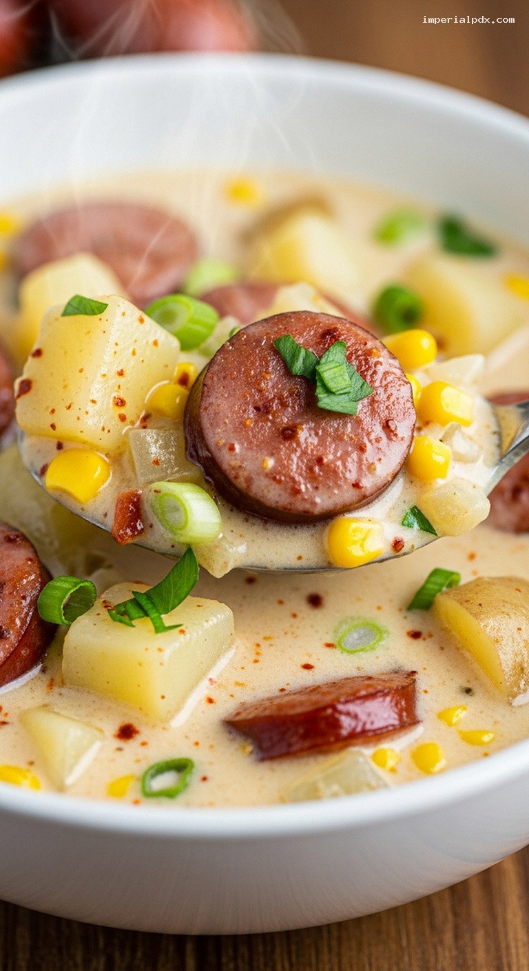 Creamy Cajun Corn Chowder with Smoked Sausage – Closeup