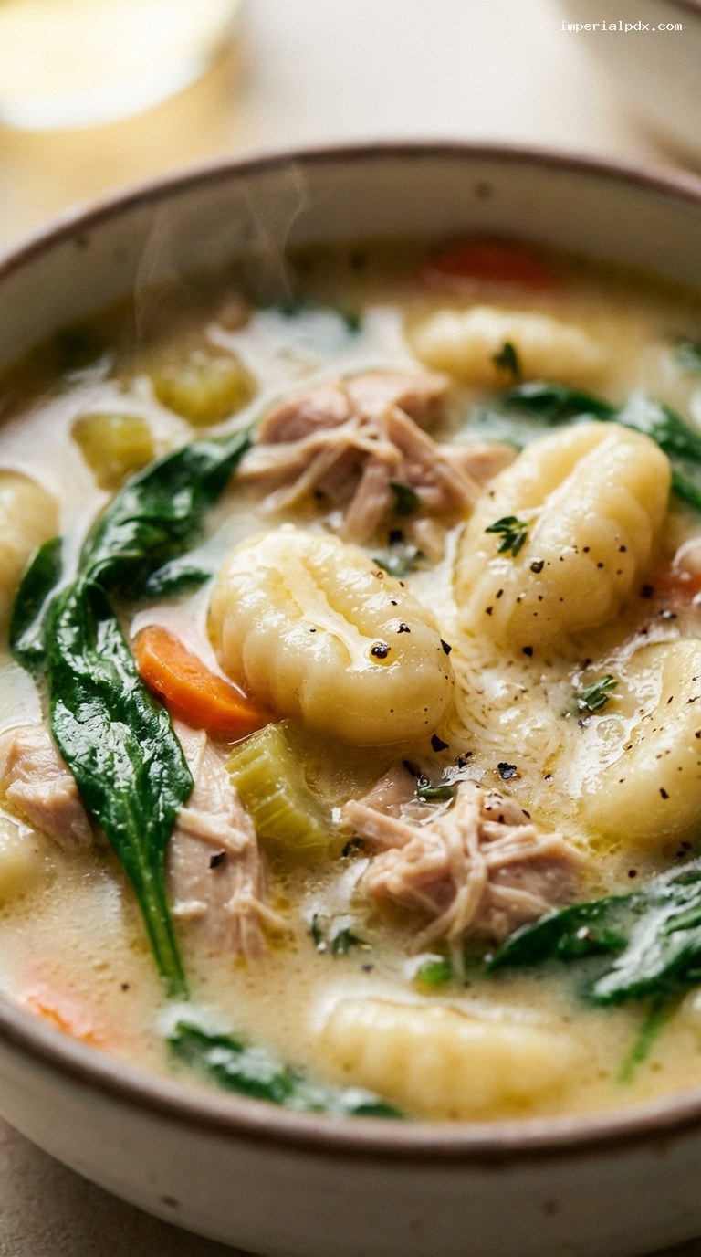 Creamy Chicken and Gnocchi Soup with Fresh Thyme – Closeup