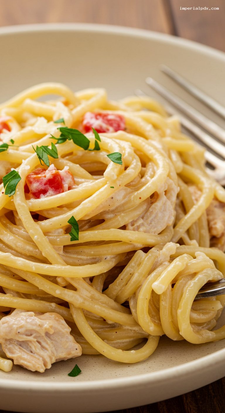 Creamy Chicken Spaghetti Bake with Rotel – Closeup