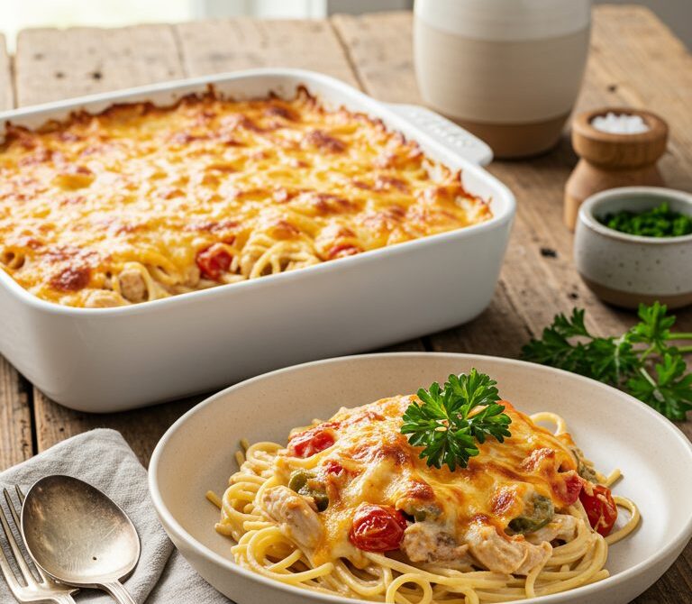 Creamy Chicken Spaghetti Bake with Rotel