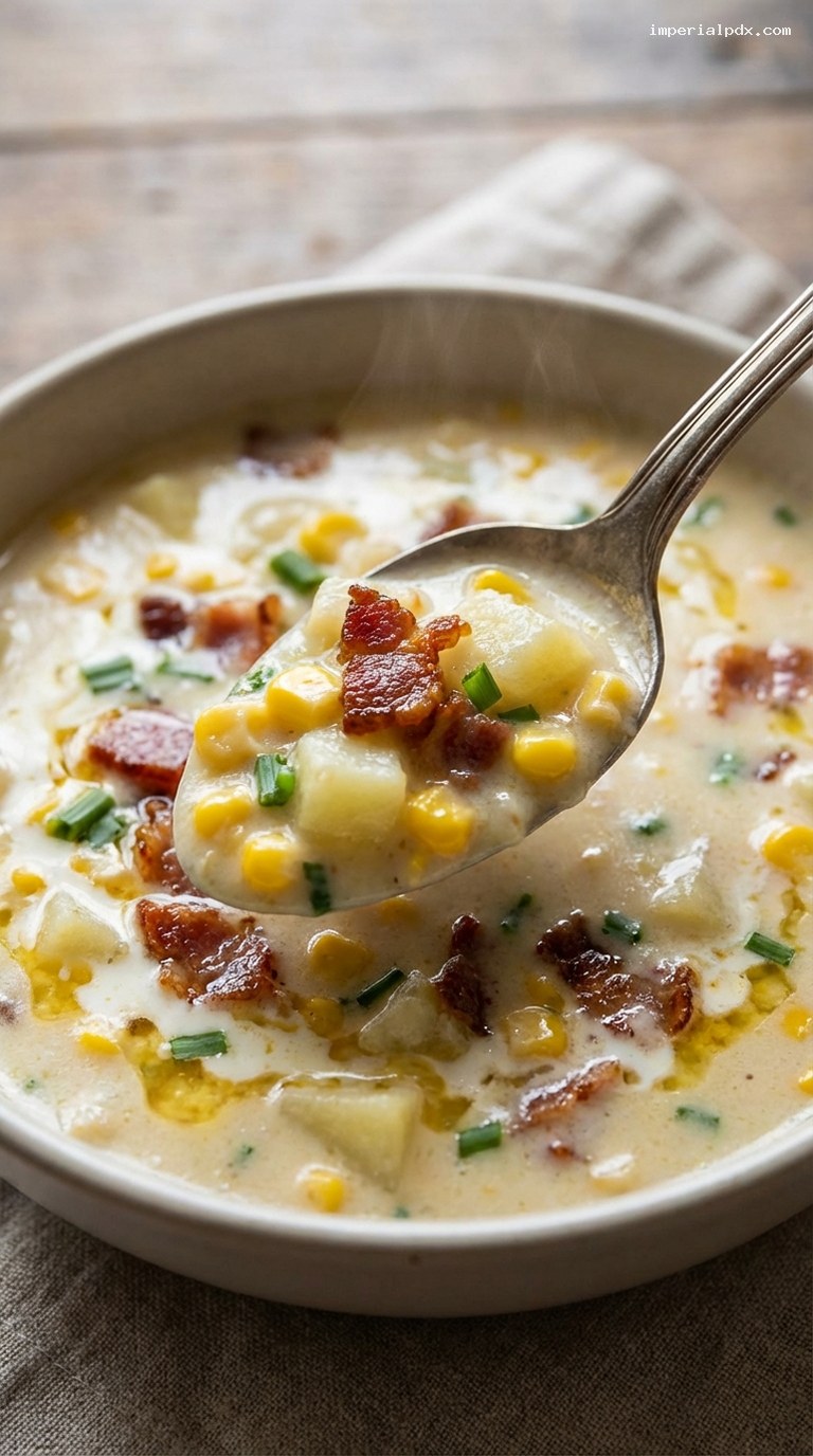 Creamy Corn and Crispy Bacon Chowder – Closeup