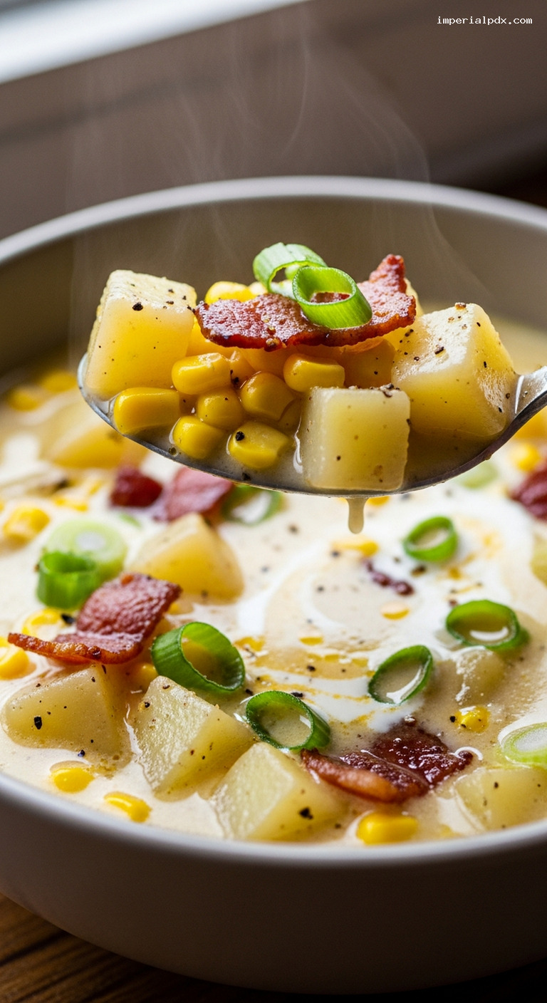 Creamy Corn Chowder with Bacon and Potatoes – Closeup