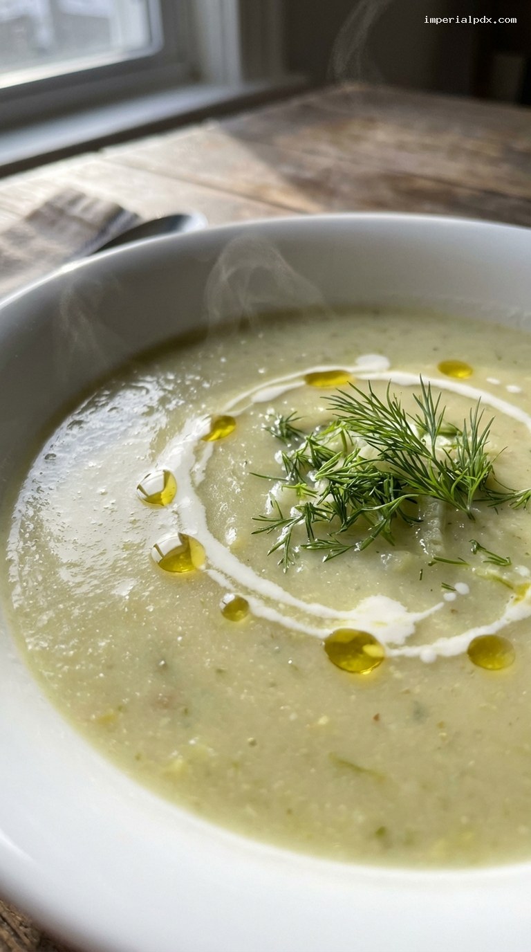 Creamy Fennel and Potato Soup With Fresh Dill – Closeup