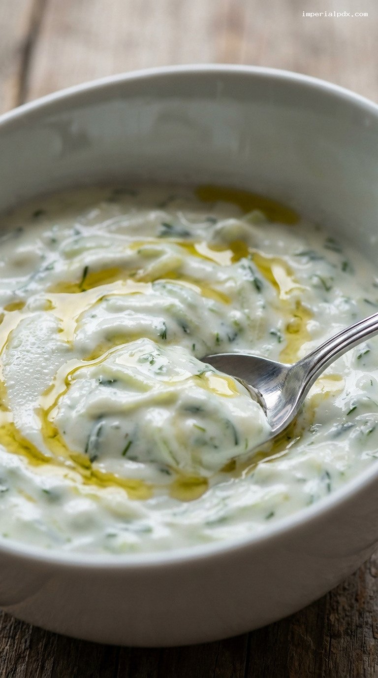 Creamy Greek Tzatziki Sauce with Cucumber and Dill – Closeup