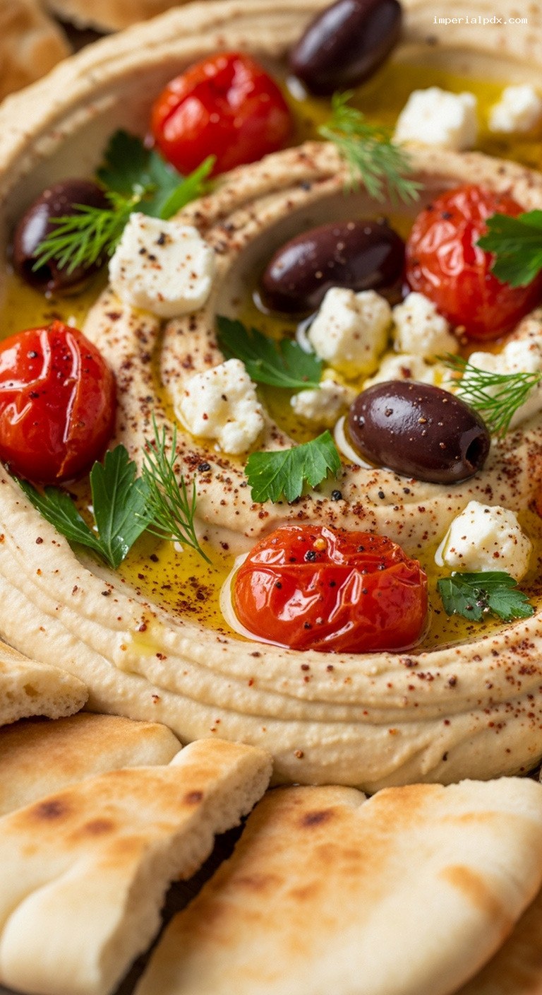 Creamy Mediterranean Hummus Platter with Roasted Tomatoes – Closeup