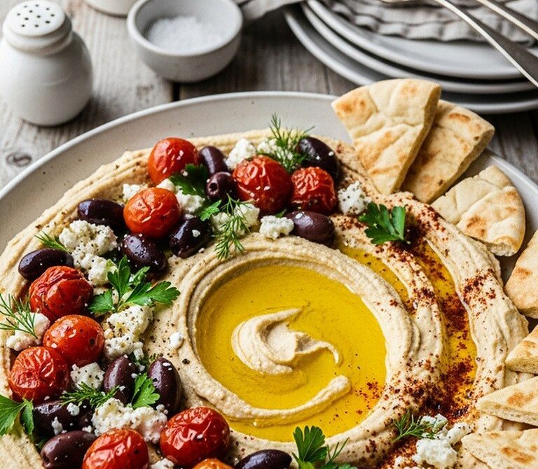 Creamy Mediterranean Hummus Platter with Roasted Tomatoes