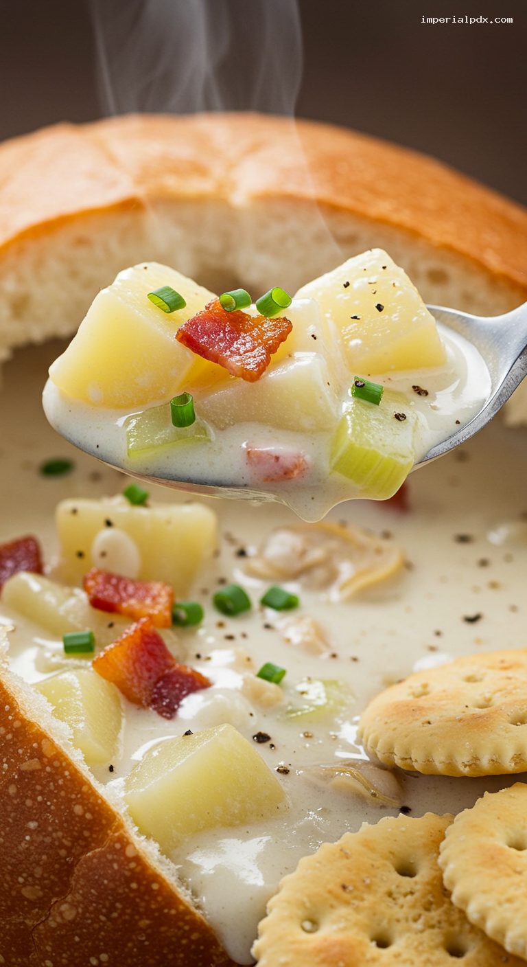 Creamy New England Clam Chowder with Bacon – Closeup