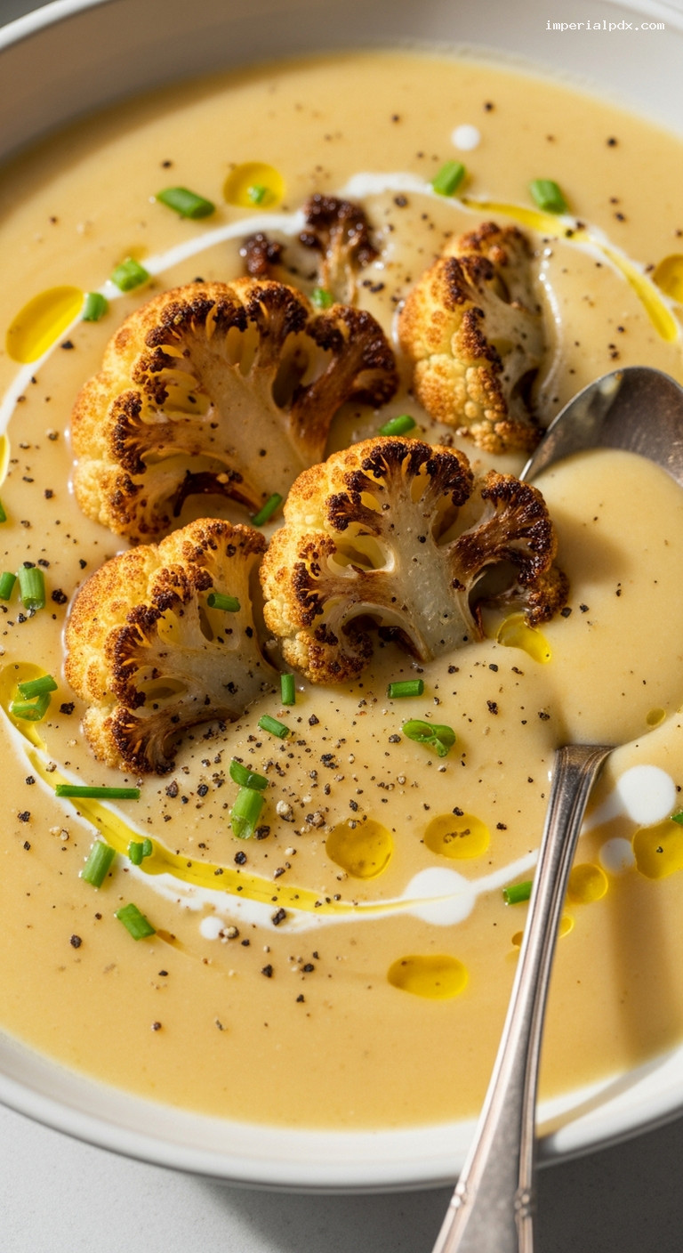 Creamy Roasted Cauliflower and Cheddar Soup – Closeup