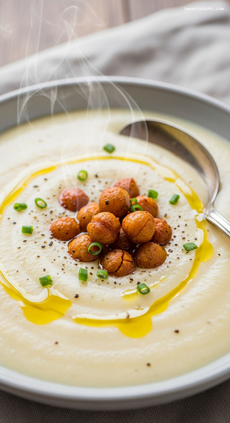 Creamy Roasted Cauliflower Soup with Crispy Chickpeas – Closeup