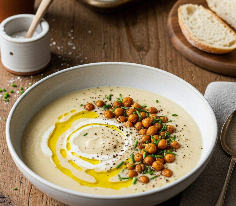 Creamy Roasted Cauliflower Soup with Crispy Chickpeas