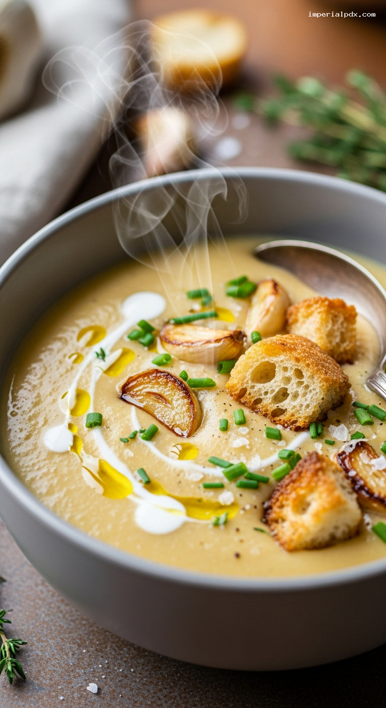 Creamy Roasted Garlic Potato Soup – Closeup