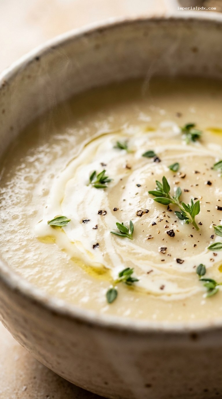 Creamy Roasted Parsnip and Leek Soup with Thyme – Closeup