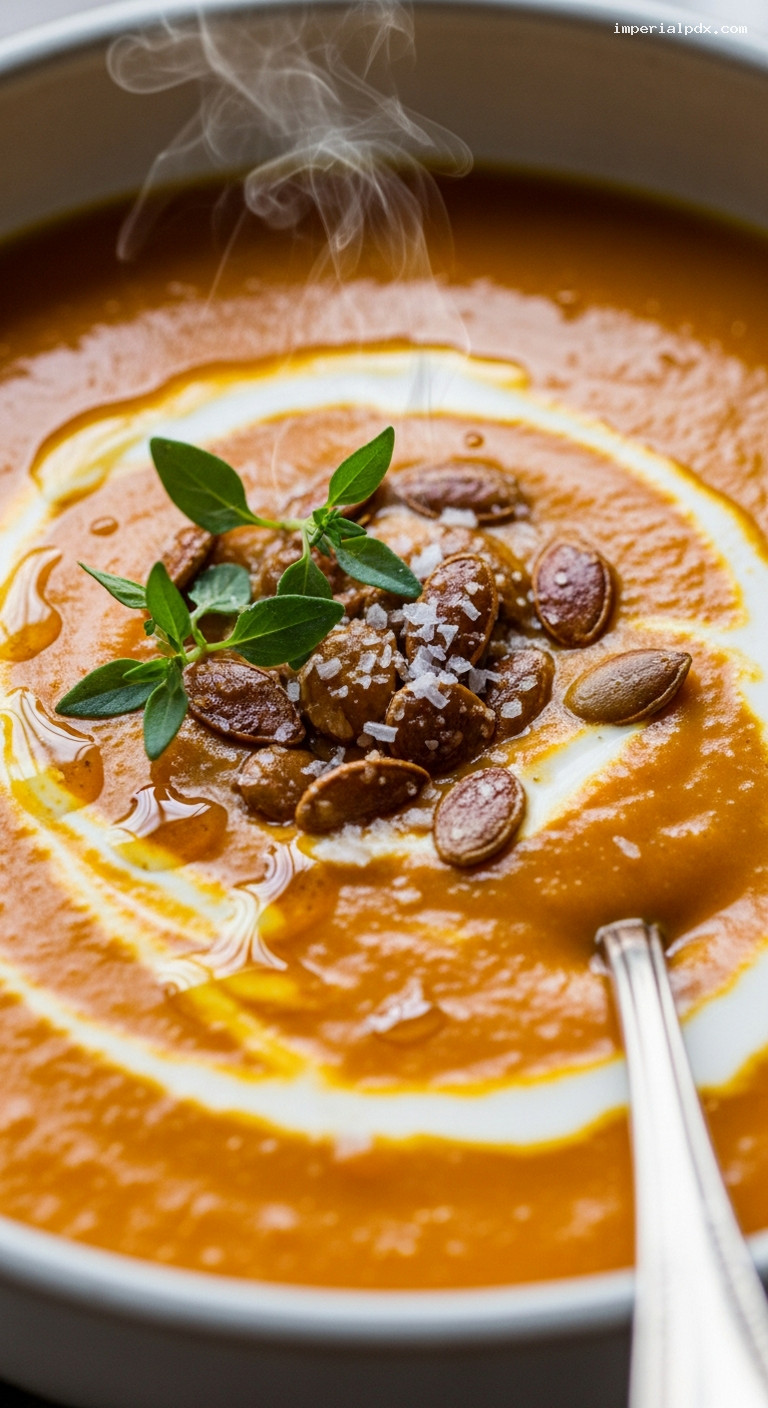 Creamy Roasted Pumpkin Soup with Warm Spices – Closeup