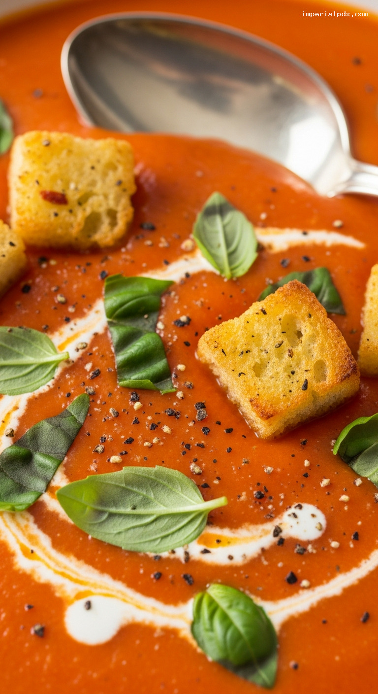 Creamy Roasted Tomato Basil Soup with Garlic Croutons – Closeup