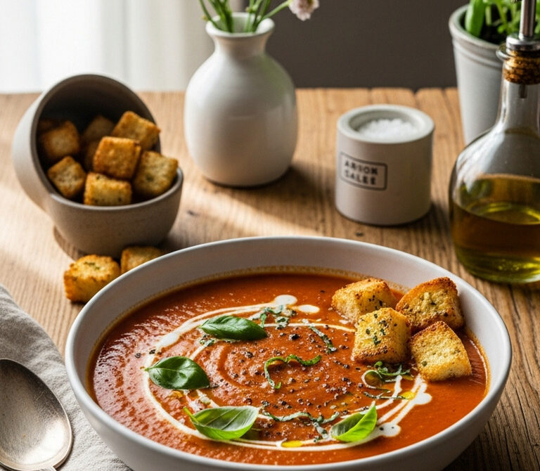 Creamy Roasted Tomato Basil Soup with Garlic Croutons