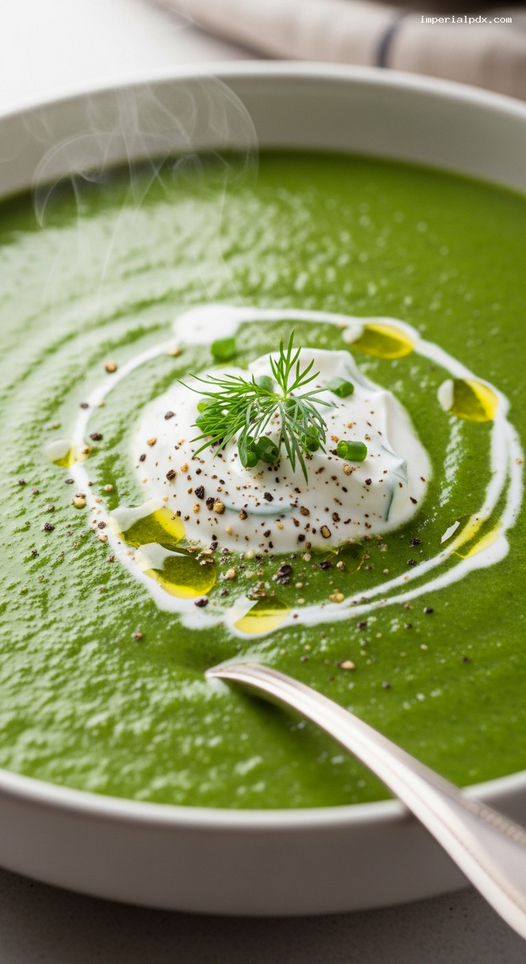 Creamy Spinach Potato Soup with Herbed Yogurt – Closeup