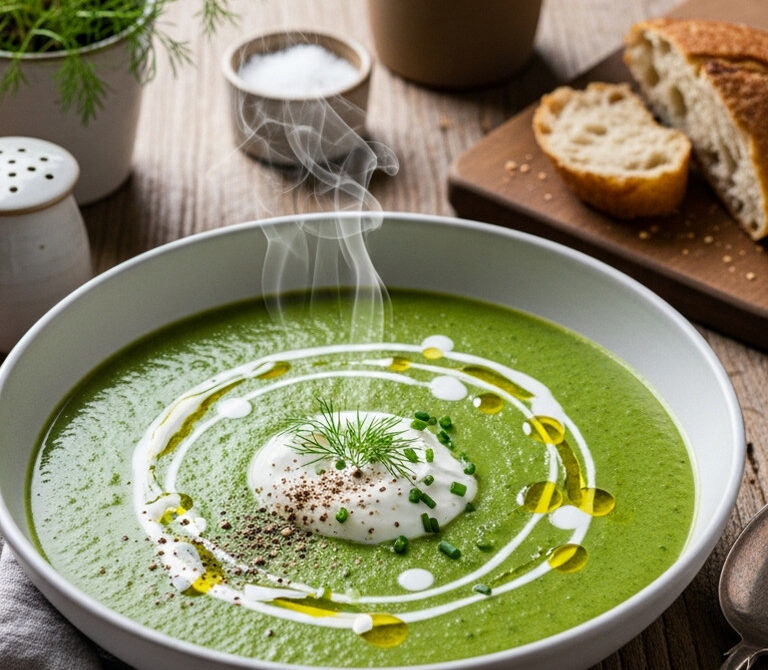 Creamy Spinach Potato Soup with Herbed Yogurt